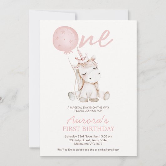 Cute Pink Unicorn First Birthday Kaart (Voorkant)