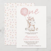 Cute Pink Unicorn First Birthday Kaart (Voorkant / Achterkant)