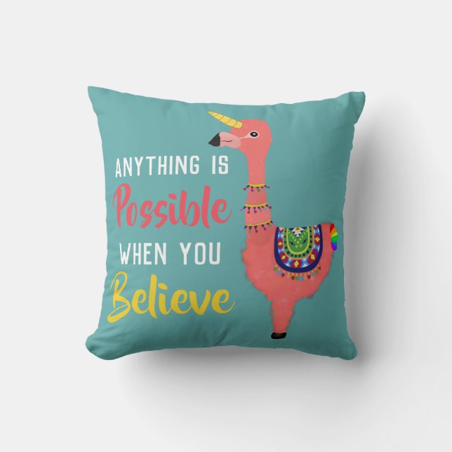 Cute Pink Unicorn Flamingo Llama Believe Quote Kussen (Voorkant)