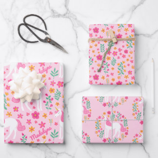 Cute Pink Unicorn Flower Pattern Persoonlijke naam Inpakpapier Vel