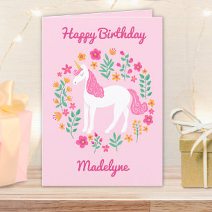 Cute Pink Unicorn Flowers, gepersonaliseerd op zat Kaart