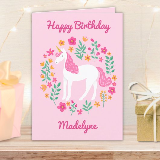 Cute Pink Unicorn Flowers, gepersonaliseerd op zat Kaart