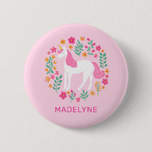 Cute Pink Unicorn Flowers Name Tag Ronde Button 5,7 Cm