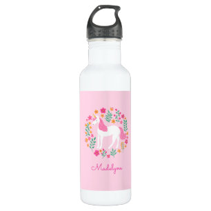 Cute Pink Unicorn Flowers Persoonlijke naam Waterfles