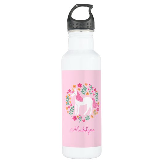 Cute Pink Unicorn Flowers Persoonlijke naam Waterfles (Voorkant)
