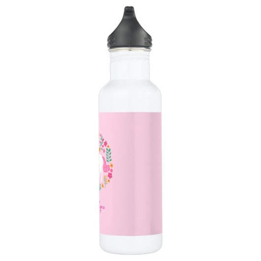 Cute Pink Unicorn Flowers Persoonlijke naam Waterfles (Rechts)