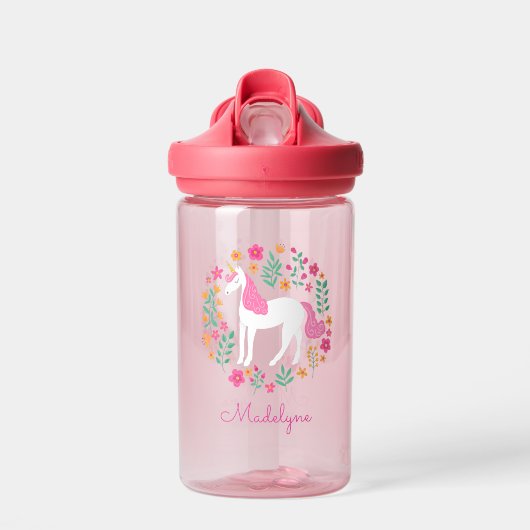 Cute Pink Unicorn Flowers Persoonlijke naam Waterfles (Voorkant)