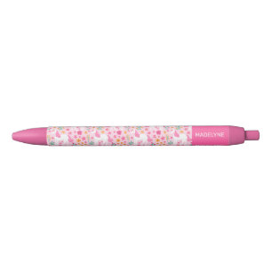 Cute Pink Unicorn Flowers Persoonlijke naam Zwarte Inkt Pen