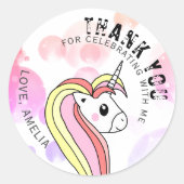 Cute Pink Unicorn Girl Bedankt voor de verjaardag Ronde Sticker (Voorkant)