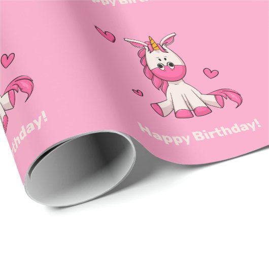 Cute Pink Unicorn Girl Birthday Party Cadeaupapier (Rol Hoek)