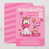 Cute Pink Unicorn Girl Birthday Party Kaart (Voorkant / Achterkant)