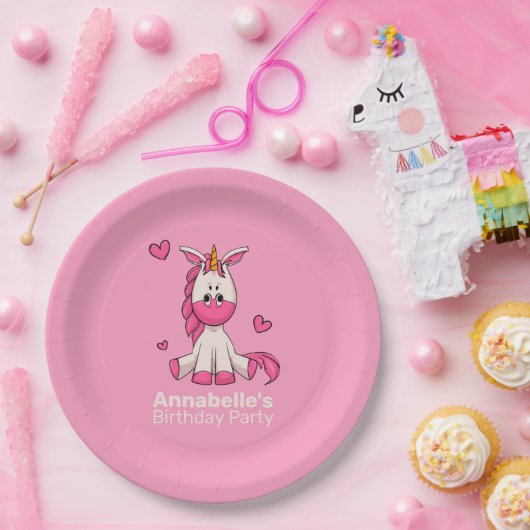 Cute Pink Unicorn Girl Birthday Party Papieren Bordje (Feest)