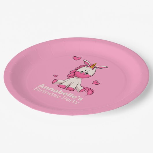 Cute Pink Unicorn Girl Birthday Party Papieren Bordje (Gekanteld)