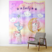 Cute Pink Unicorn Girl op de maan Baby Wandkleed (In situ)