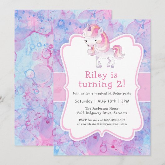 Cute Pink Unicorn Girl's Birthday Party Kaart (Voorkant / Achterkant)