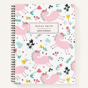 Cute  Pink Unicorn Girly Waterverf Monogram Notitieboek