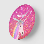 Cute Pink Unicorn Glitter Personalized Kinderen Ronde Klok (Hoek)