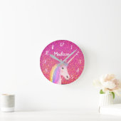 Cute Pink Unicorn Glitter Personalized Kinderen Ronde Klok (Huis)