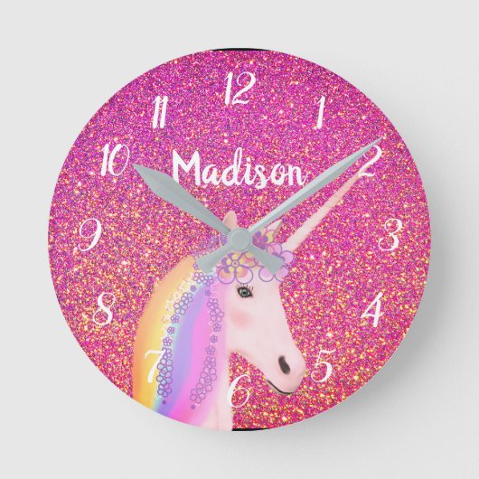 Cute Pink Unicorn Glitter Personalized Kinderen Ronde Klok (Voorkant)