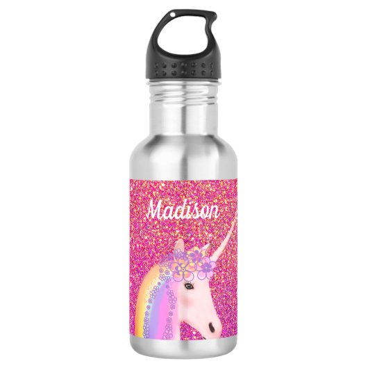 Cute Pink Unicorn Glitter Personalized Kinderen Waterfles (Voorkant)