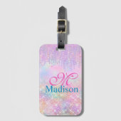 Cute Pink Unicorn Glitter rhinestone Drip monogram Bagagelabel (Voorkant (verticaal))