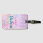 Cute Pink Unicorn Glitter rhinestone Drip monogram Bagagelabel (Voorkant (horizontaal))