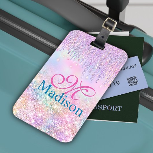 Cute Pink Unicorn Glitter rhinestone Drip monogram Bagagelabel