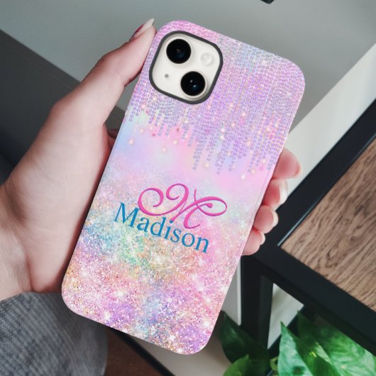 Cute Pink Unicorn Glitter rhinestone Drip monogram Case-Mate iPhone Case