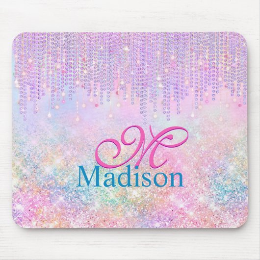 Cute Pink Unicorn Glitter rhinestone Drip monogram Muismat (Voorkant)