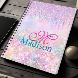 Cute Pink Unicorn Glitter rhinestone Drip monogram Notitieboek