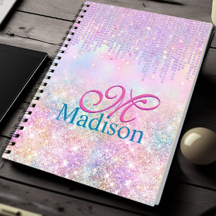 Cute Pink Unicorn Glitter rhinestone Drip monogram Notitieboek