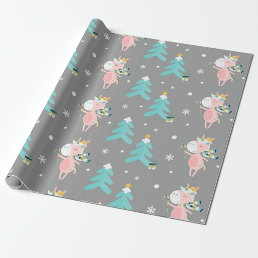 Cute Pink Unicorn kerstboomstructuur Cadeaupapier (Uitgerold)