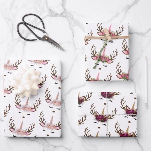 Cute Pink Unicorn kerstpatters roze Inpakpapier Vel (Voorkant)