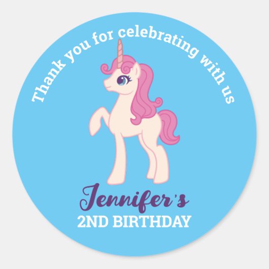 Cute Pink Unicorn kinderen Birthday Party Favor Ronde Sticker (Voorkant)
