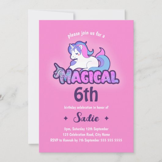 Cute Pink Unicorn Magical Any Age 6th Birthday Kaart (Voorkant)