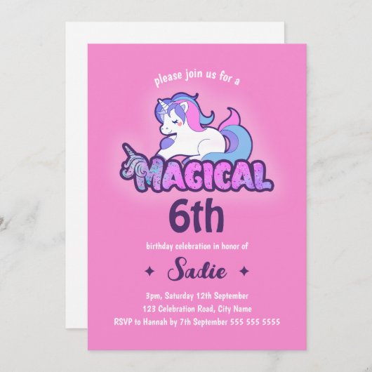 Cute Pink Unicorn Magical Any Age 6th Birthday Kaart (Voorkant / Achterkant)