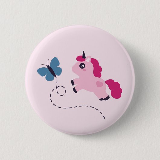 Cute Pink Unicorn met een Butterfly Ronde Button 5,7 Cm (Voorkant)