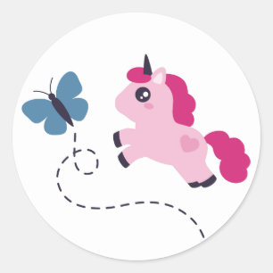 Cute Pink Unicorn met een Butterfly Ronde Sticker