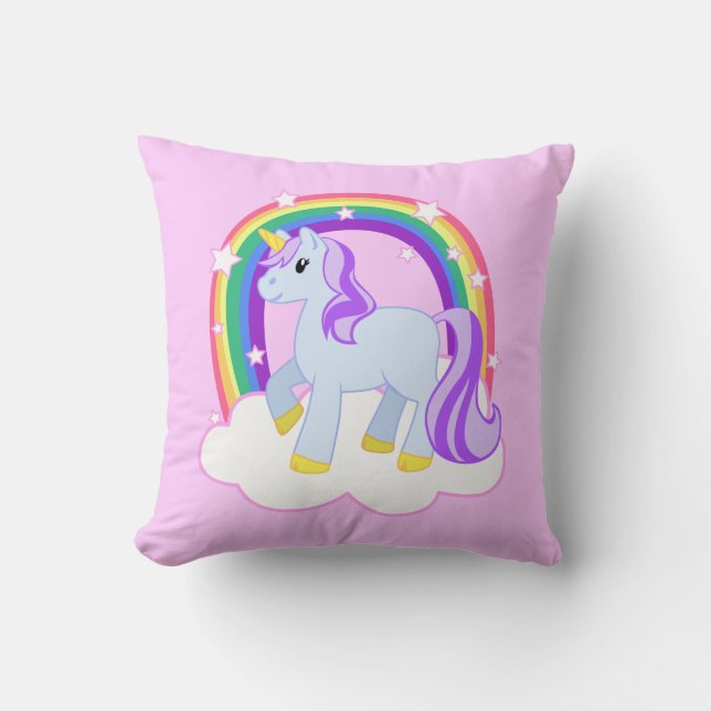 Cute Pink Unicorn met Sparkly Rainbow Kussen (Voorkant)