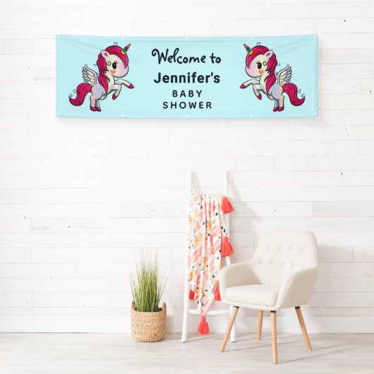 Cute Pink Unicorn met Wings Baby shower Spandoek (Insitu)