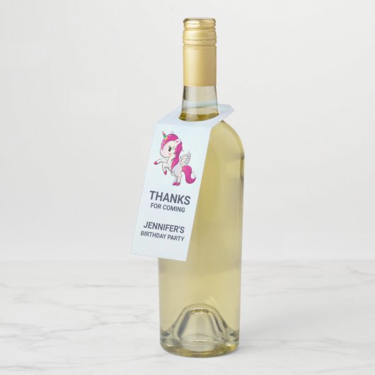 Cute Pink Unicorn met Wings Birthday Flessenhanger (Schuin)