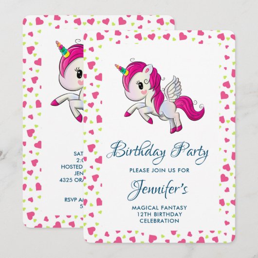 Cute Pink Unicorn met Wings Birthday Kaart (Voorkant / Achterkant)