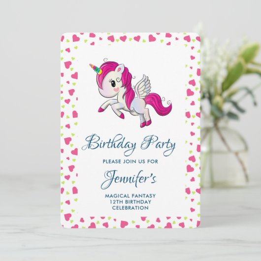 Cute Pink Unicorn met Wings Birthday Kaart (Staand voorkant)
