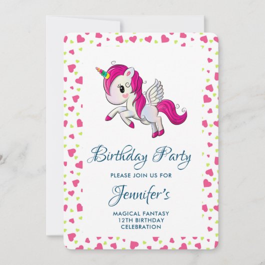 Cute Pink Unicorn met Wings Birthday Kaart (Voorkant)