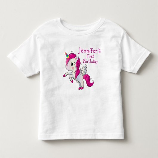 Cute Pink Unicorn met Wings Birthday Kinder Shirts (Voorkant)