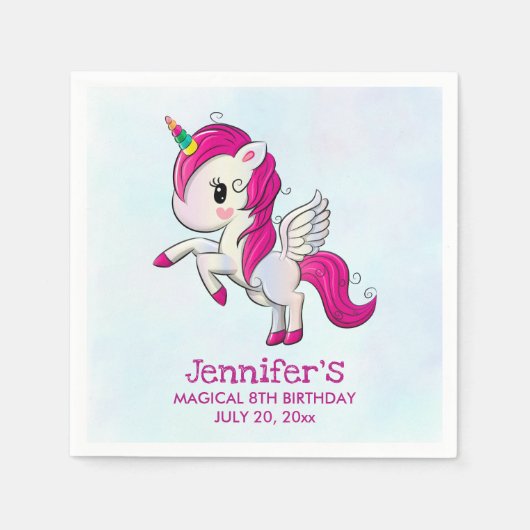 Cute Pink Unicorn met Wings Birthday Servet (Voorkant)