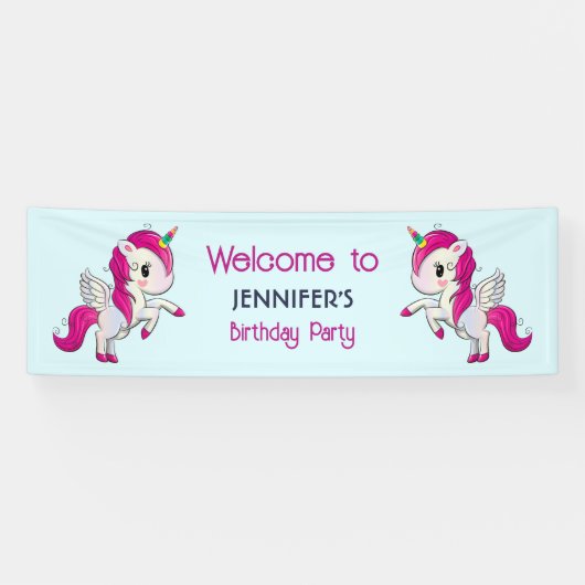 Cute Pink Unicorn met Wings Birthday Spandoek (Horizontaal)