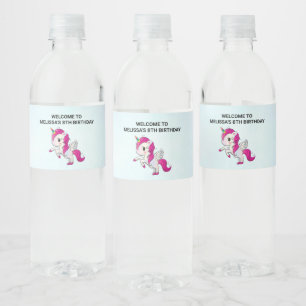 Cute Pink Unicorn met Wings Birthday Waterfles Etiket