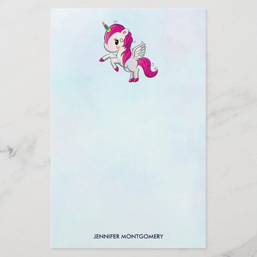 Cute Pink Unicorn met Wings Briefpapier (Voorkant)
