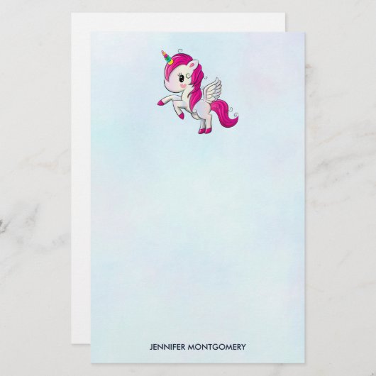 Cute Pink Unicorn met Wings Briefpapier (Voorkant / Achterkant)